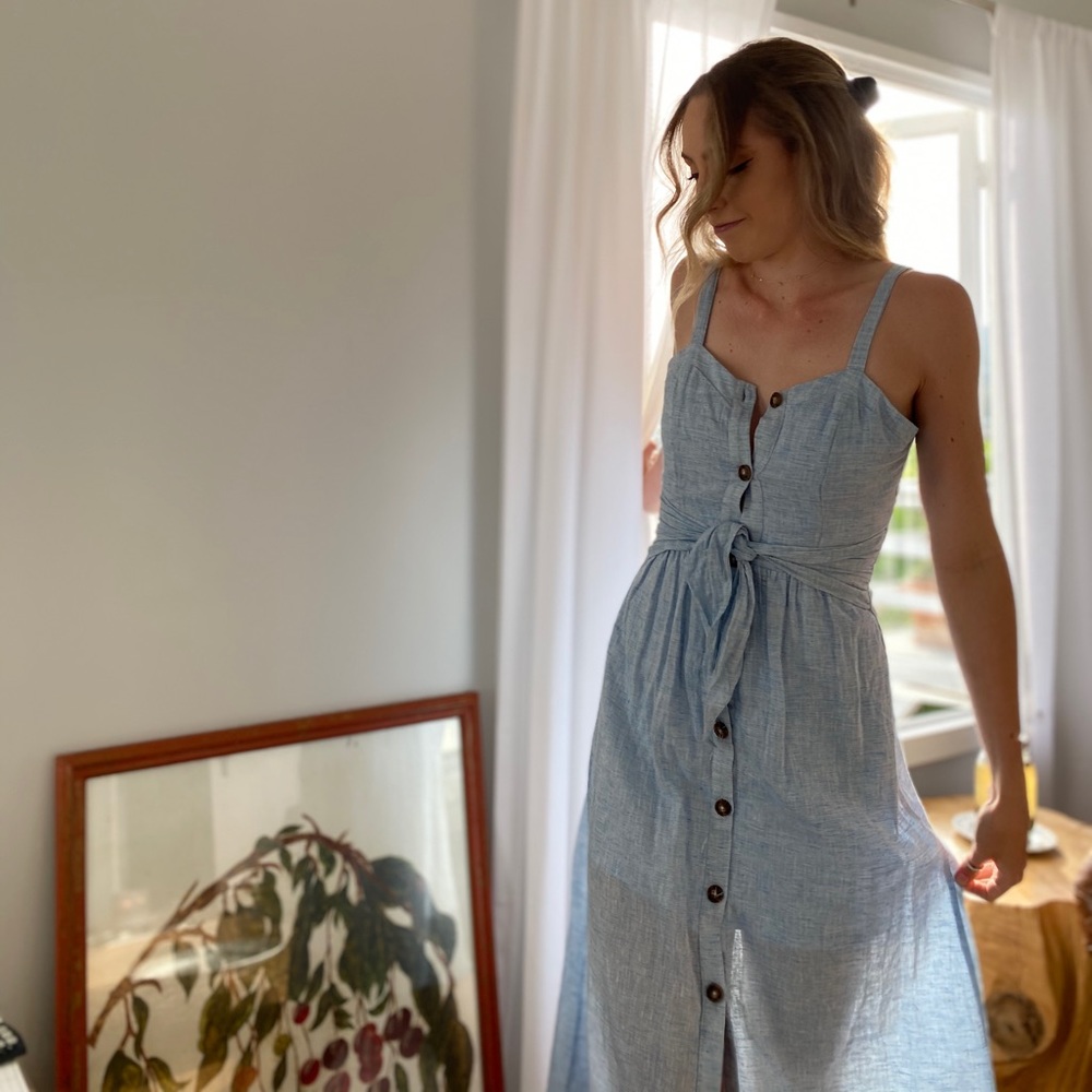 NWT-Never worn Long blue chambray button up dress